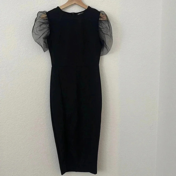 Shein | Black Body Con Midi Dress with Puff Sleeves | Sz S/ US 4 - Picture 1 of 6